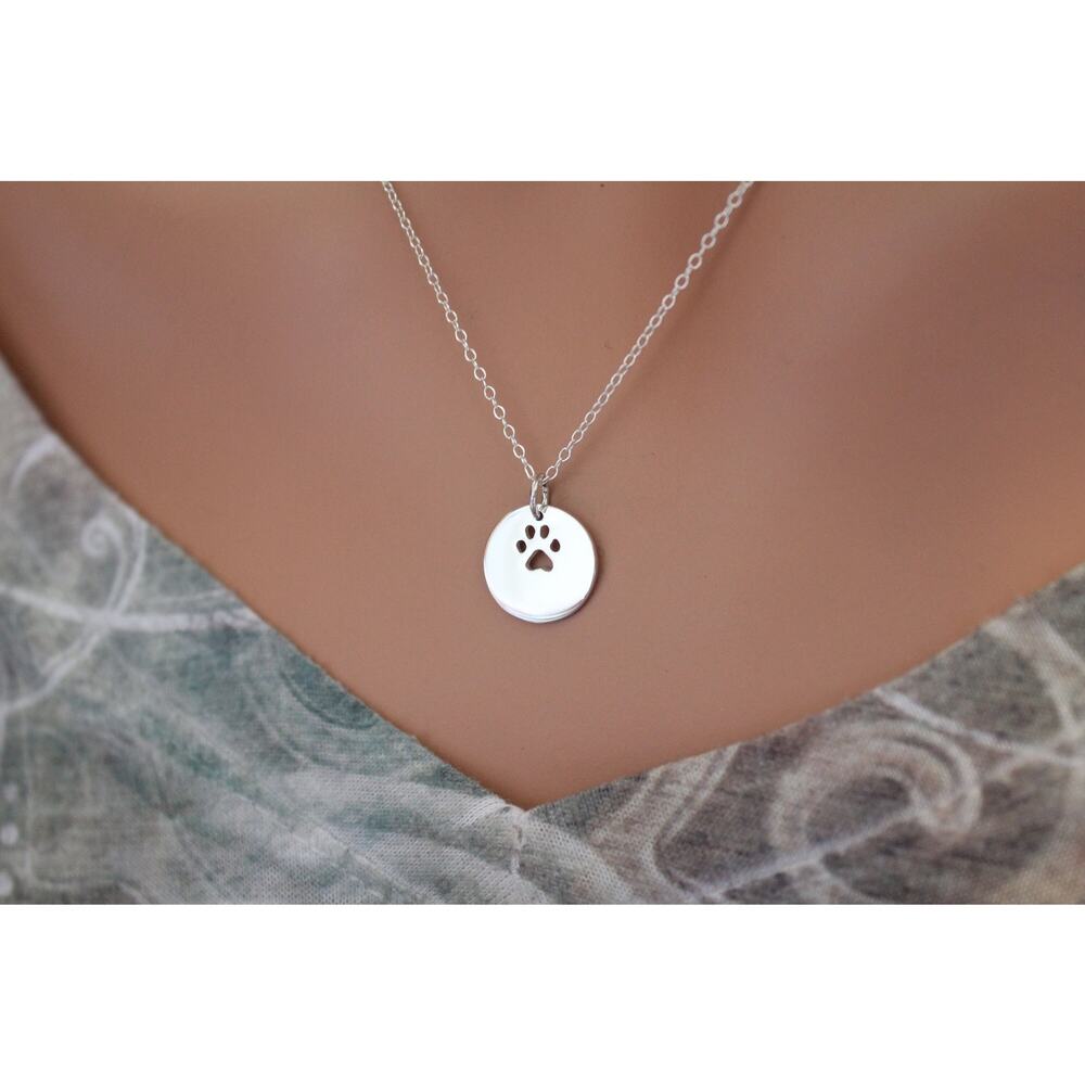 Sterling Silver Circle Charm with Paw Print Cutout Necklace